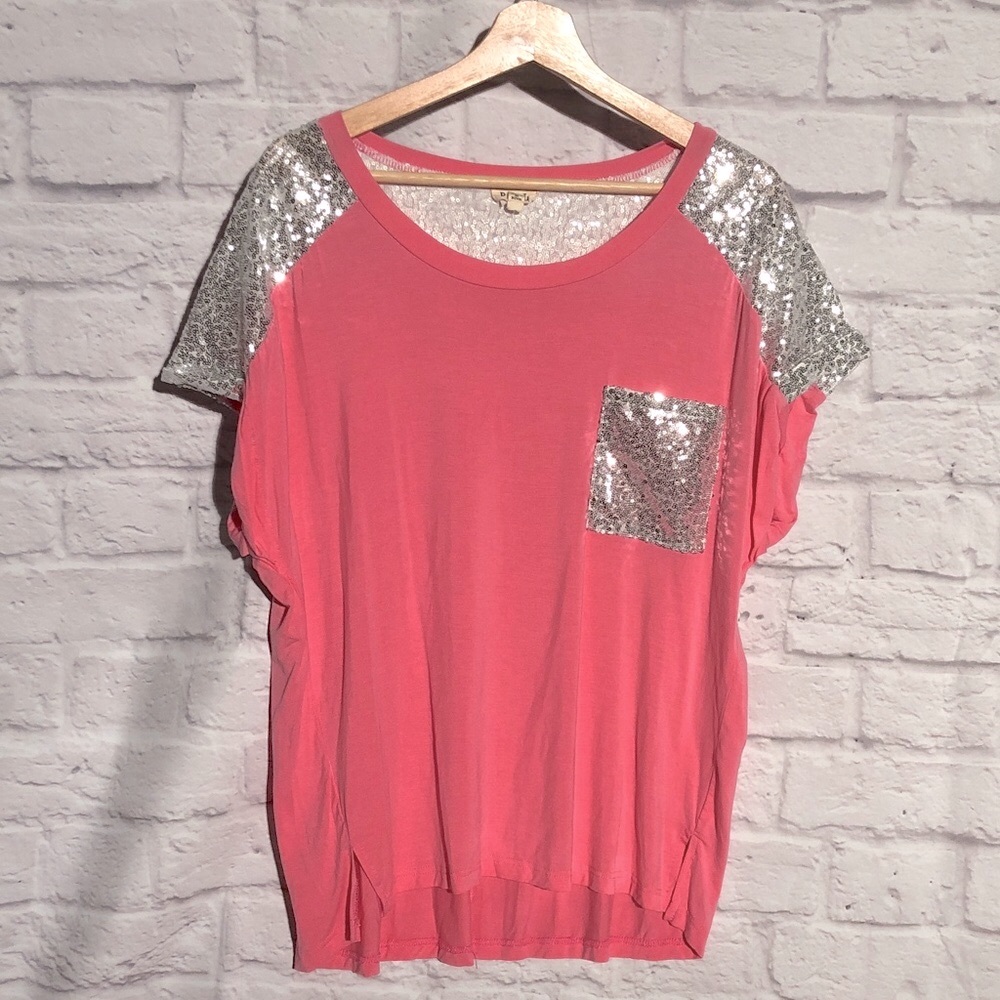 POL Pink Sequin Sleeve Women's tee shirt Top oversized Small NWOT